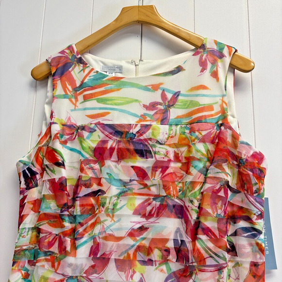 London Times Pleated Drop Waist Dress Women Sz. 14W Artsy Whimsical Abstract NWT - Picture 1 of 10